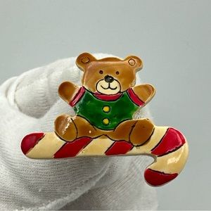 Tiny Vintage Teddy Bear Candy Cane Brooch Pin Christmas Holiday #690